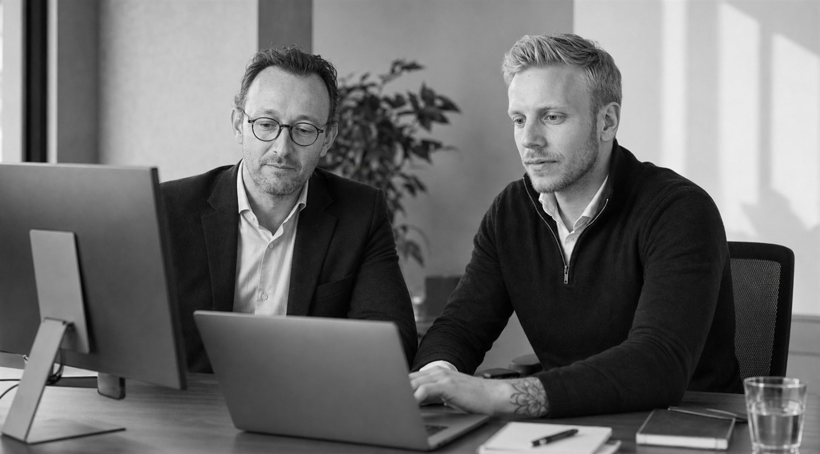Twee mensen van Simul die samen achter een laptop werken.